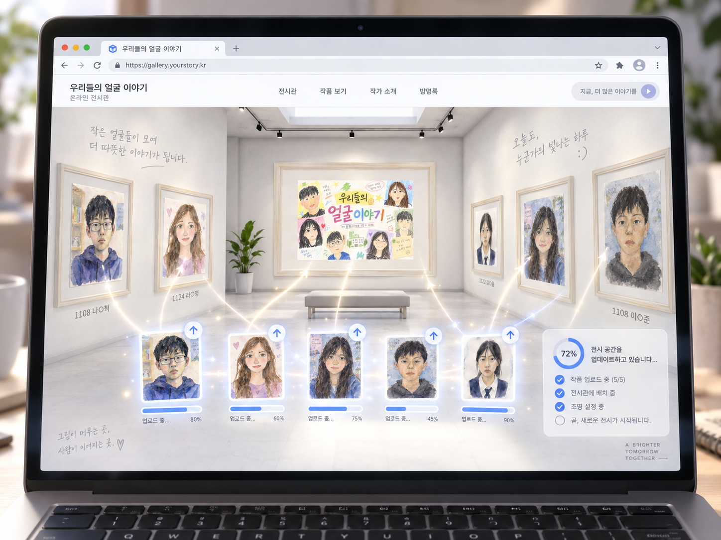 학생 인물화 다섯 점을 온라인 전시로 모으는 과정을 보여주는 노트북 화면 예시