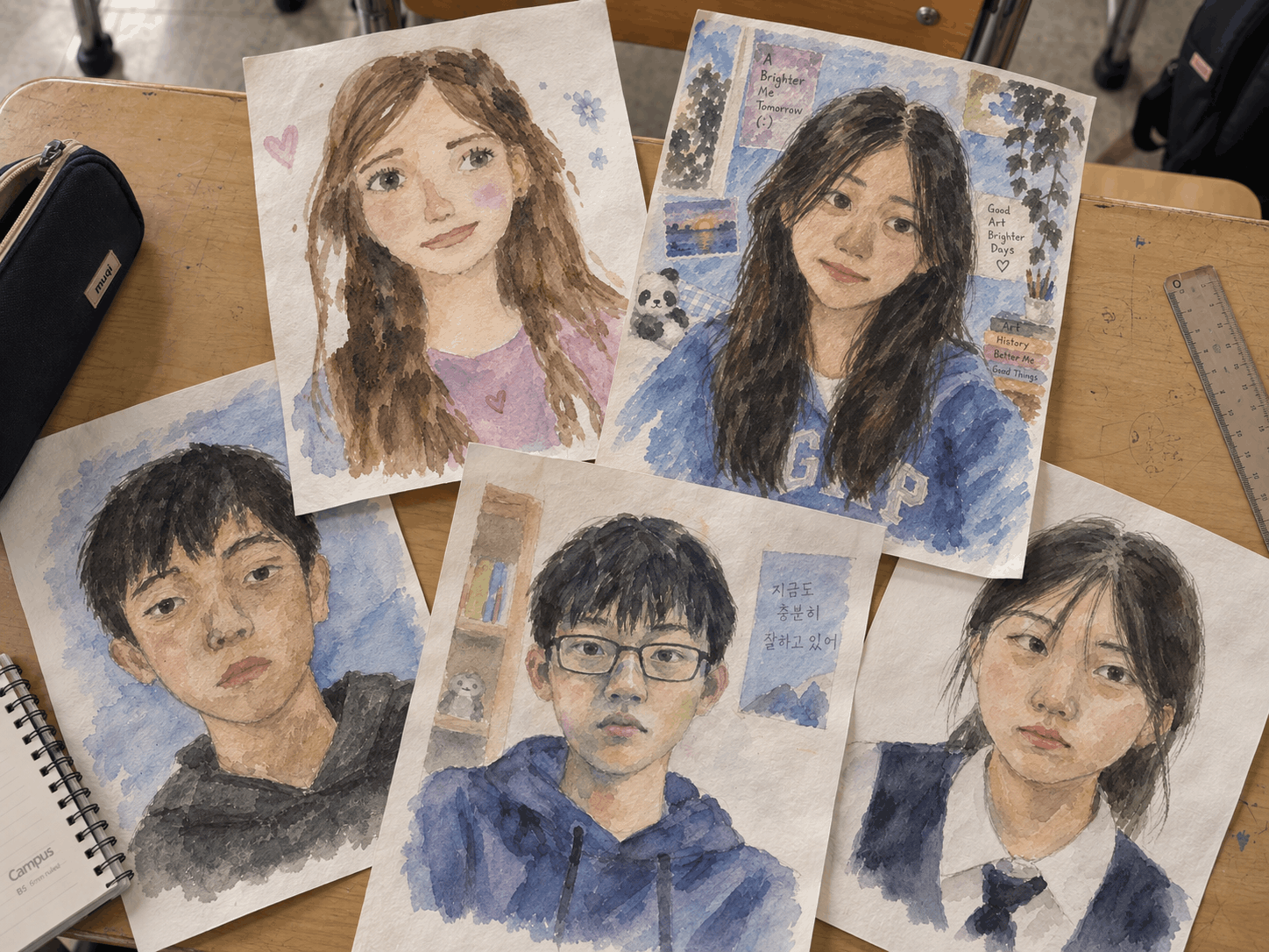 교실 책상 위에 펼쳐 놓은 학생 인물화 다섯 점